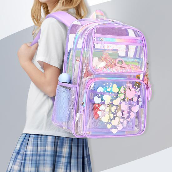 Kids Clear Backpack Waterproof Student Backpack with Love Heart Prints Book Bag with Front Zipper Pockets for Boys Girls School Street