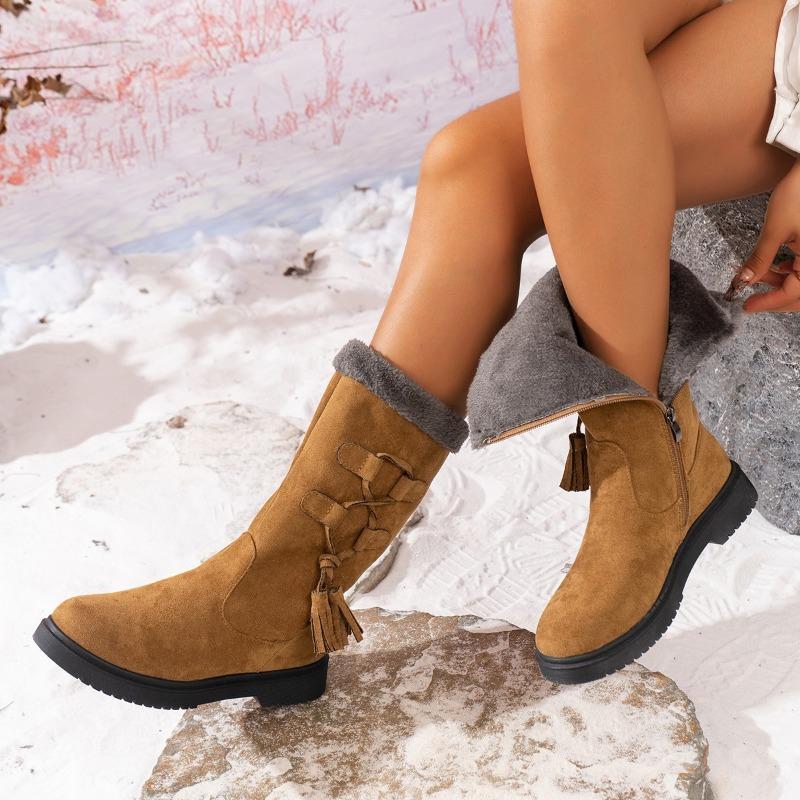 Botas Femininas de Largura Larga de Cano Médio, Botins de Tornozelo com Zíper e Detalhe de Franjas, Botins Casuais de Inverno de Salto Quadrado para Mulheres