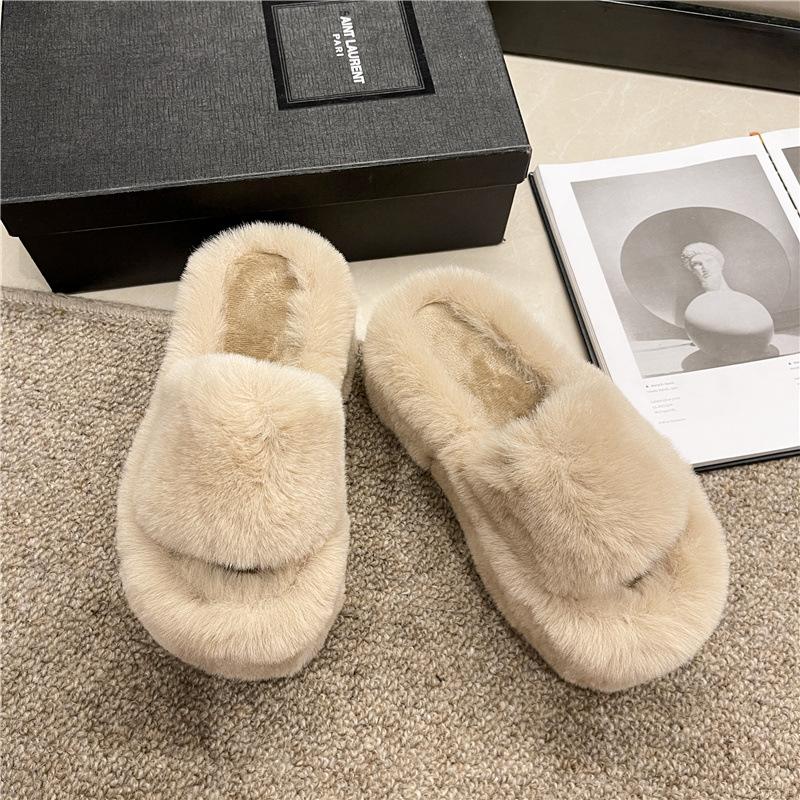 Super high heel fluffy slippers women's outer wear 2025 new autumn and winter thick bottom small man height increase home indoor cotton slippers