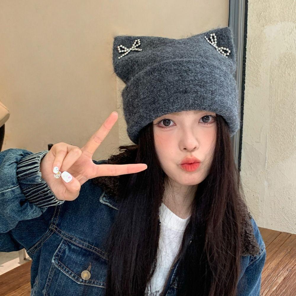 Sweet Cool Knitted Pullover Hat Bow Winter Wool Hat Keep Warm Cat Ears Beanie Hat  Girls