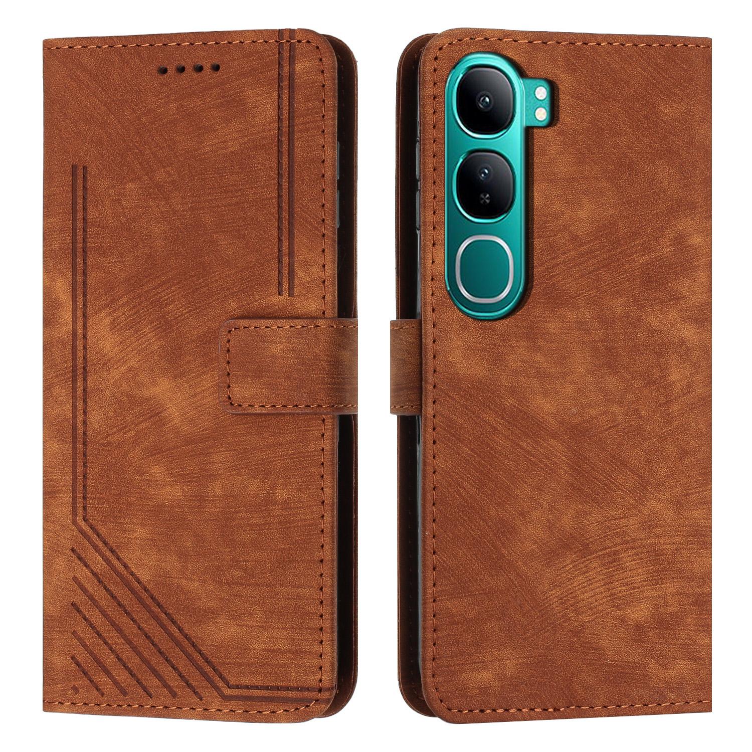

Phone Case for vivo Y300 5G/V40 Lite (Indonesia) 4G/V40 Lite (Indonesia) 5G/Y200 5G Imprinted Lines Leather Cover with Stand Brown
