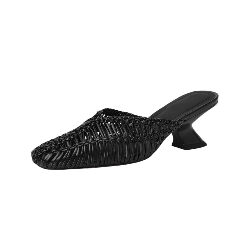 

Fashion Women s new genuine leather square toe sheepskin woven elastic band breathable hollow high heels with toe cover Mueller slippers 250