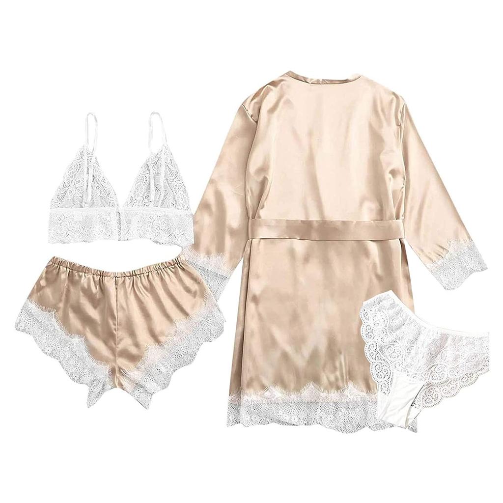 4-Piece Women Sexy Garter Lingerie Set Robes Lace Bodysuit Deep-V Neck Underwear