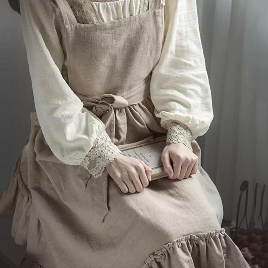 Flouncing Pinafore French Pastoral Florist Artsy Cotton Linen Vintage Apron Kitchen Baked Nordic Solid Color Ruffled Apron