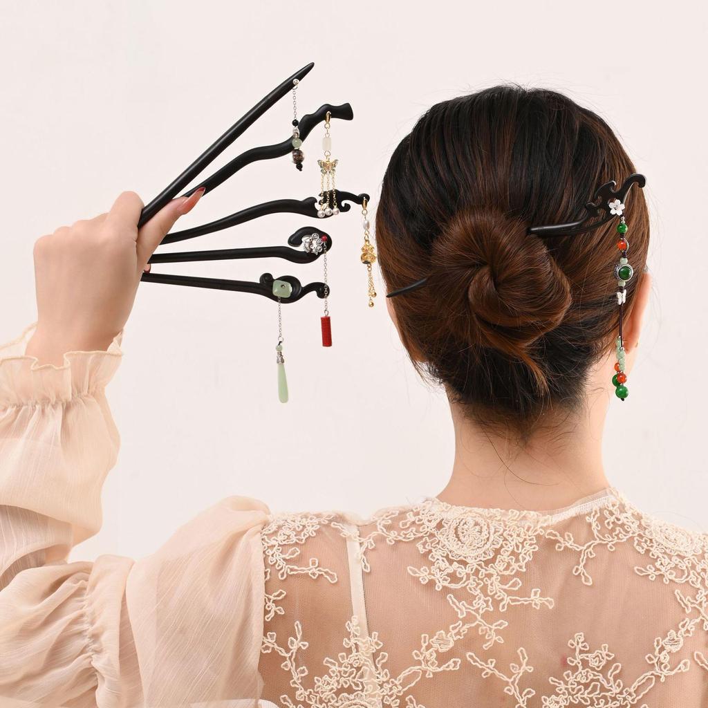 Ancient Style Black Sandalwood Tassel Hairpin for Qipao & Hanfu