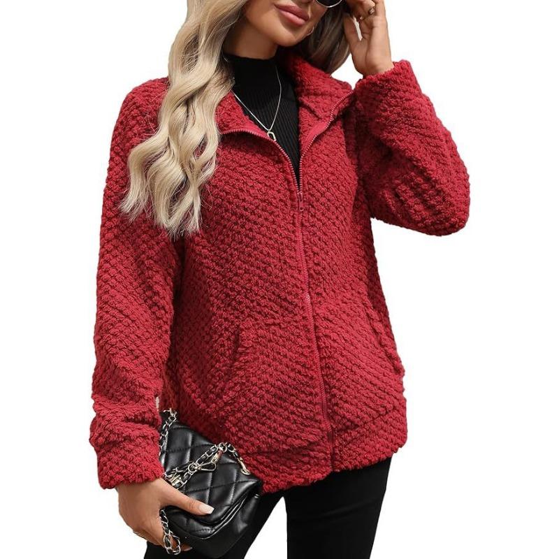 Women S Loose Casual Plush Coat With Pockets Lapel Zip Up