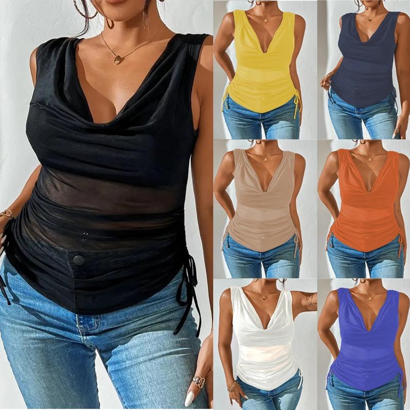 Canotta corta Yufeng con scollo a V, senza maniche, a vita alta, T-shirt