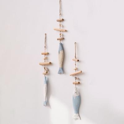 Small Fish Pendant with Hemp Rope Easy To Hang No Drilling Handmade Solid Wood Coastal Style Wall Ornament