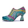 Johnature Genuine Leather Pumps Handmade Splicing Printed Color Contrasting Fashion Women's High Heels