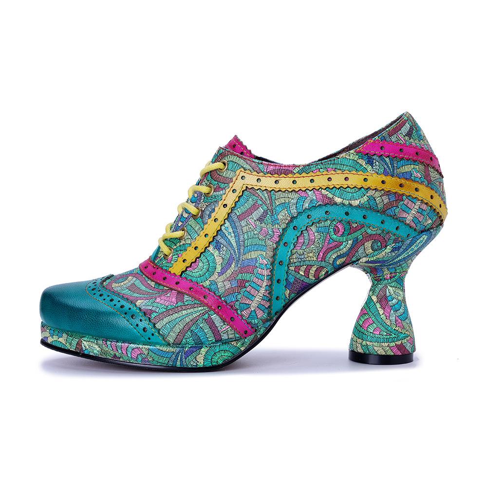 Johnature Genuine Leather Pumps Handmade Splicing Printed Color Contrasting Fashion Women's High Heels