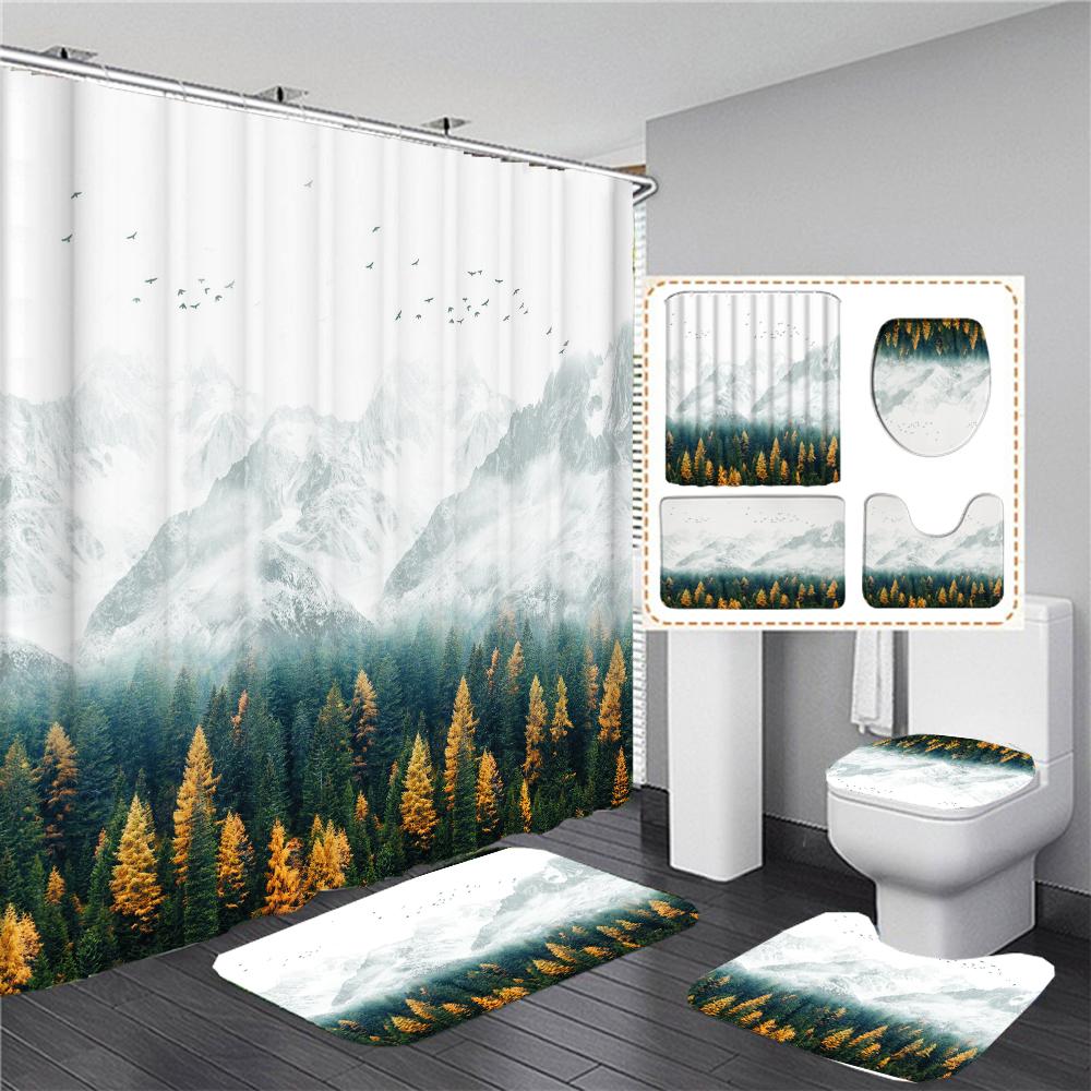 The Fog Of The Forest Landscape Shower Curtain Bathroom Accessories Partition Waterproof Polyester Bath Curtain Rugs And Mat Set