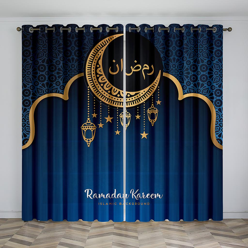 Eid Mubarak Ramadan  Lslamic Muslim Supplies Kareem 2 Pieces Shading Darkening Window Curtain for Living Room Bedroom Decor