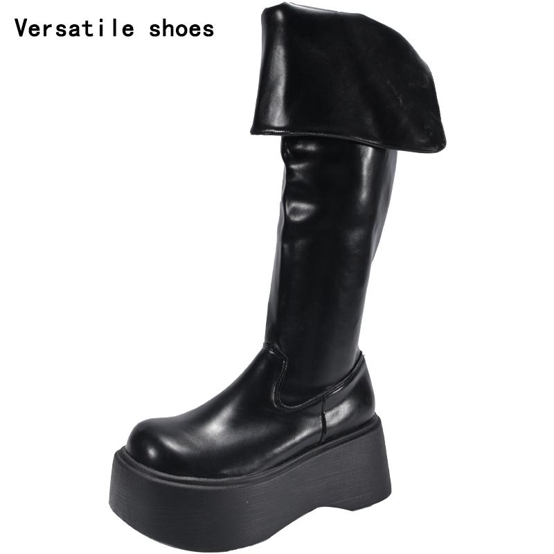 Winter Punk Style Women Knee High Boots Fashion Slip On Knight Long Booties Ladies Casaul Platform Heels Botas Mujer