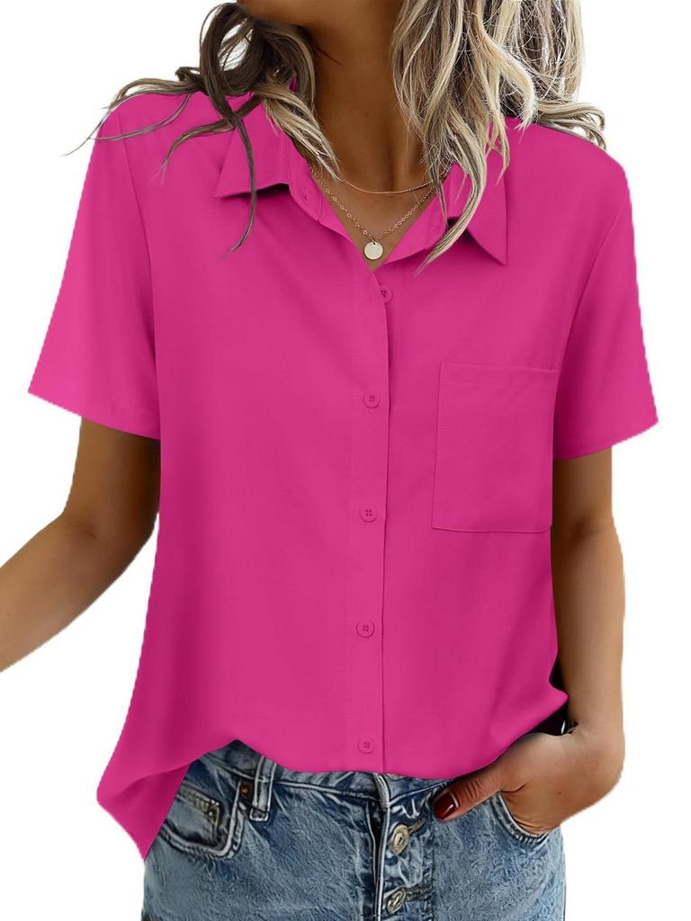 Chemise Boutonnée Manches Courtes Couleur Unie pour Femme - Haut Business Casual/Formel pour le Travail, Collection Printemps/Été 2026