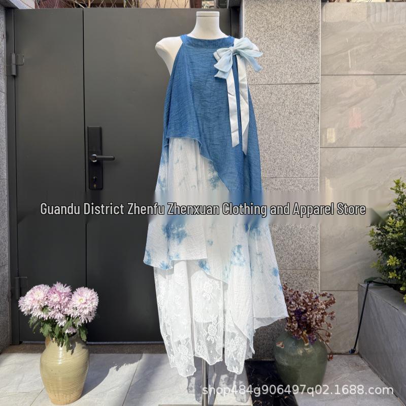 Indigo Batik Patchwork Neckholder Maxikleid - Ethnische Stil Damenbekleidung
