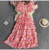 Retro Floral Chiffon Slimming Dress: Women's Summer Puff Short Sleeve High-End Vacation Cake Dress
