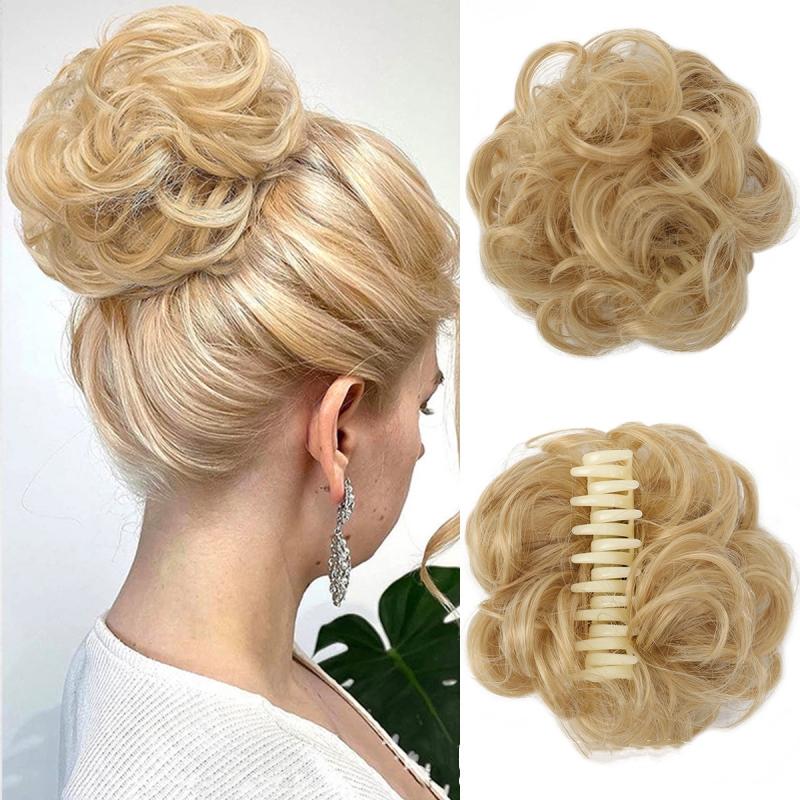 Synthetic Chignon Messy Hair Bun Claw Clip In Hair Piece Wavy Curly Bun Ponytail Scrunchie Hairpieces for Women