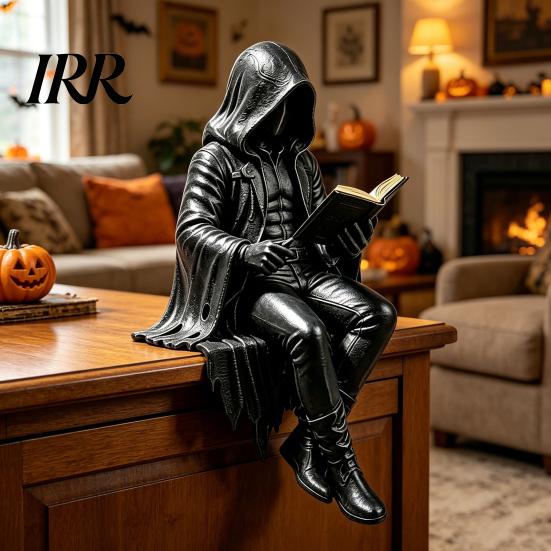 Zittend Magere Hein Model Gotische Dark Fantasy Figuur, Lezend Met Kap Standbeeld, Halloween Beeldje Hars Skelet voor Boekenplank Huis