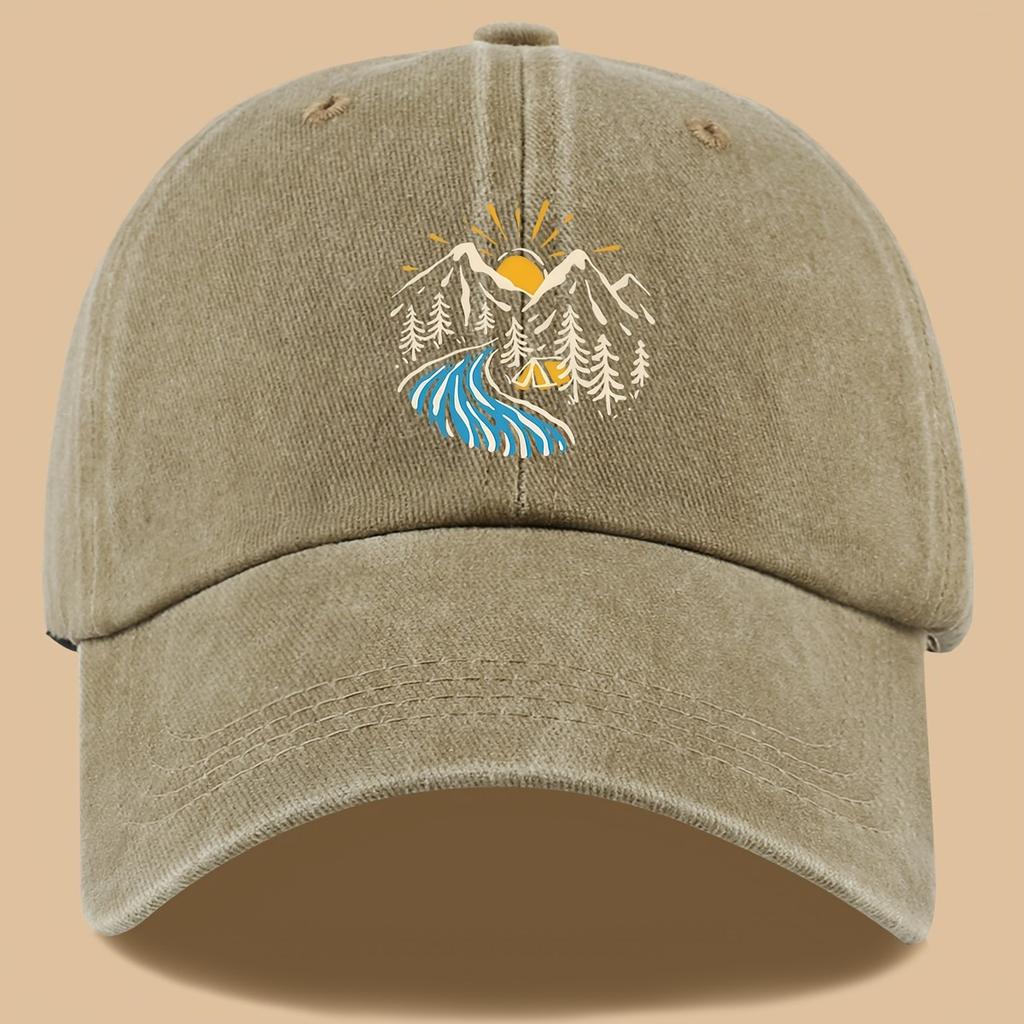 Washed Cotton Baseball Cap Mountain River Sun Print Outdoor Casual Sun Hat for Unisex Women