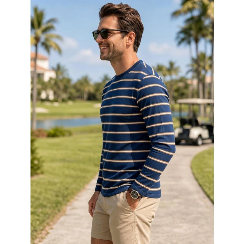 Men's casual round neck long sleeve T-shirt with khaki and white horizontal stripes, soft and breathable sports fit autumn street top