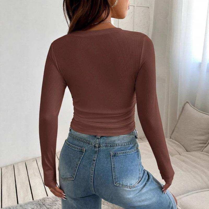 Spring and Summer New V-neck Off-shoulder Two-wear Design Slim-fit Pleated Irregular Long-sleeved T-shirt