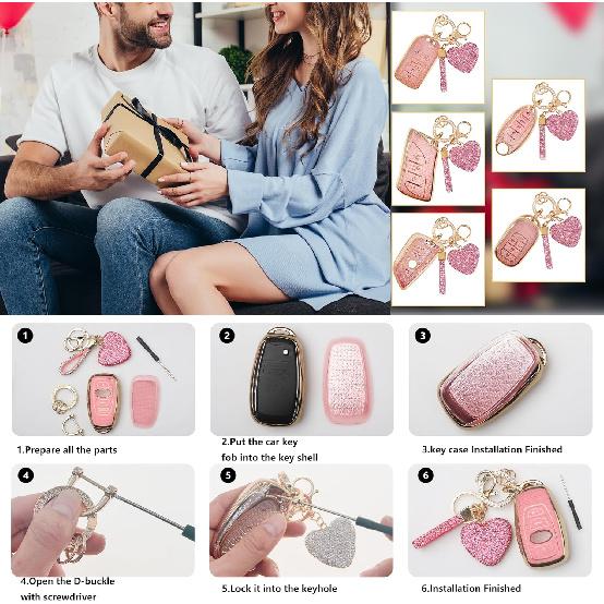 Key Fob Cover With Heart Keychain, Girly Car Key Shell Case For Women, Compatible With Ford Fusion Mustang F150 Edge Explorer Lincoln MKZ MKC MKX