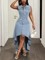 Women s Lapel Sleeveless Denim Maxi Dress Single Button High Low Irregular Hem Bodycon Long Dress S светло-синий