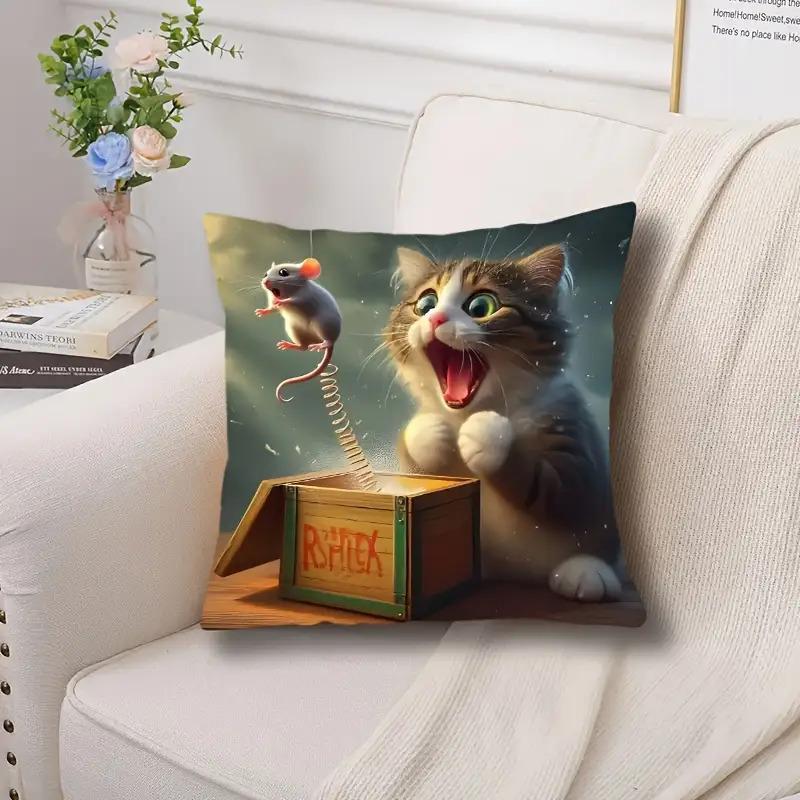 1 Stück Kissenbezug mit Traumkatze und Maus, Mittelalterliches Modernes Lustiges Cartoon-Design, Reißverschluss, Polyester Dekorative Kissenhülle Für Li