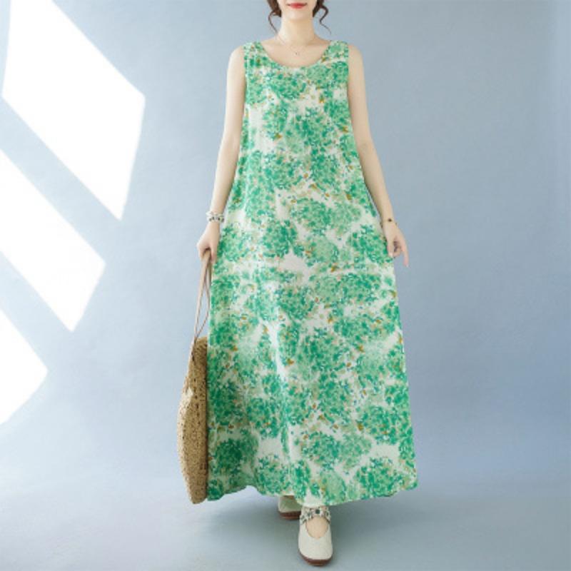 Summer Plus Women's Retro Artistic Loose Print Sleeveless Cotton Linen Dress Vest Suspender Casual Dresses
