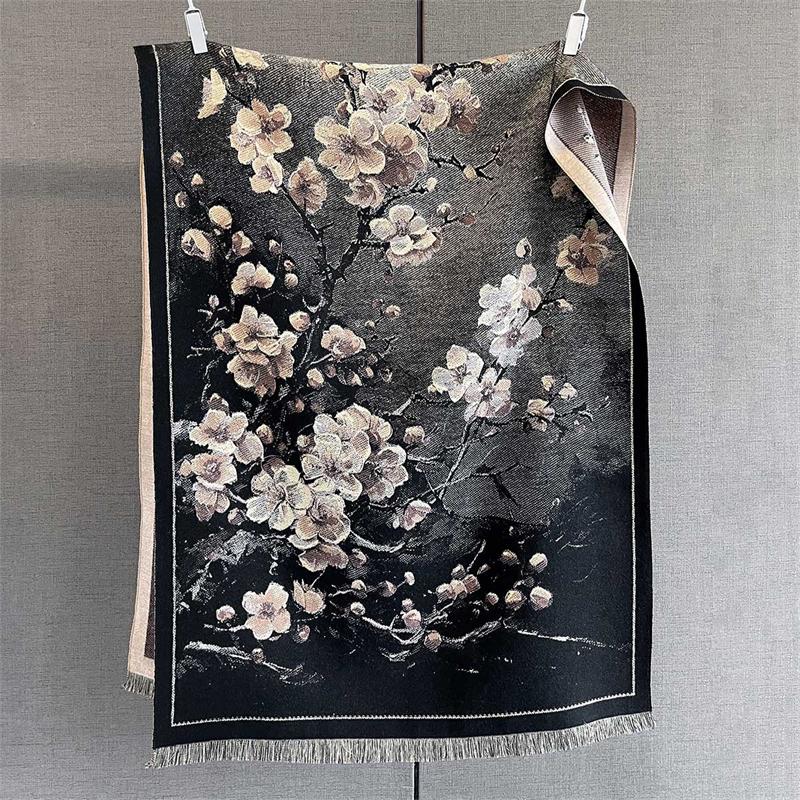 65*190cm Winter Warm Women Scarf Double-Sided Flower Faux Cashmere Scarves Luxury Wrap Shawls High-Quality Pashmina