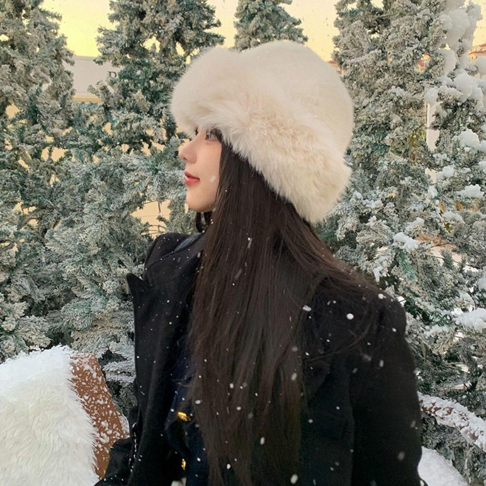 Korean Faux Fur Bucket Hat Warm Winter Fluffy Hats Trendy Luxury Plush Hat  Women