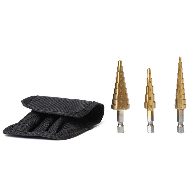 3Pcs Cloth Bag 3-12 4 -12 4-20MM HSS Straight Fluted Pagoda Step Drill Hex Shank Reamer Bit Set Titanium Coated Wood Metal Hole