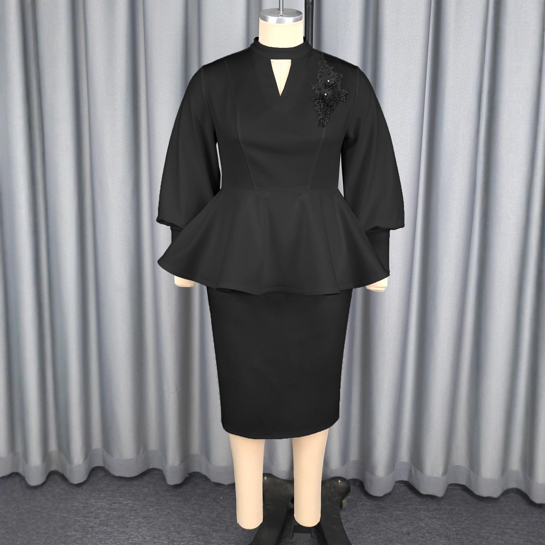 

Women s Plus Size Elegant Ruffle Top with Puff Sleeves and Half-High Collar, Paired with Banquet Commute Suit Skirt 2XL чорний