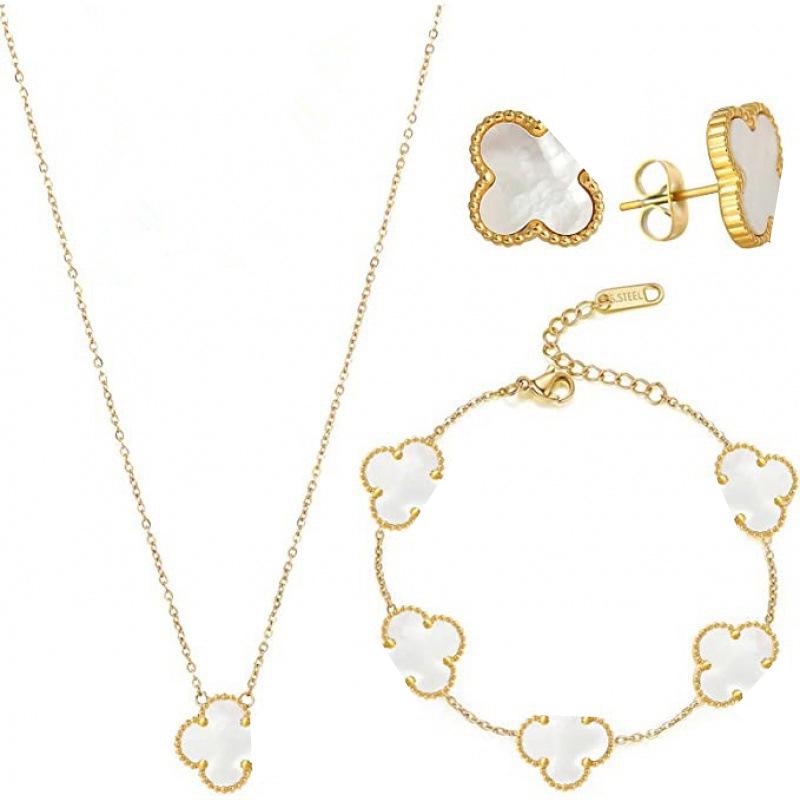 Lucky Four-Leaf Clover Jewelry Set: Necklace, Bracelet, and Stud Earrings