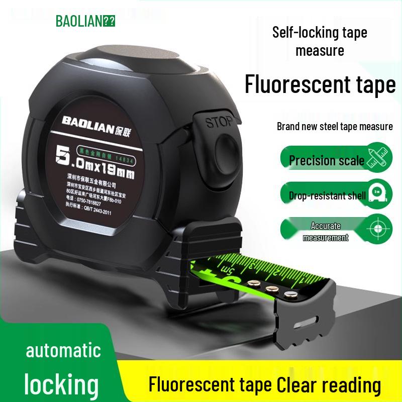 Self-Locking Fluorescent Steel Measuring Tape with High Precision Laser Etched Black Ruler, 5 Meters, Cut and Wear-Resistant. Black Self-lock 3m*19mm