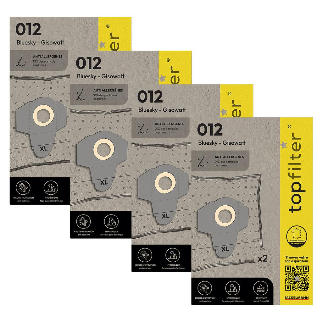 Lot de 4 packs de 2 sacs aspirateur 64012 Bluesky et Gisowatt TopFilter Premium ref. 9995350