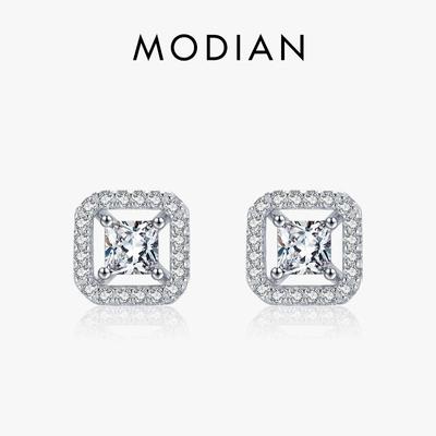 Modian 925 Sterling Silver Twinkling Geometric Square Stud Earrings for Women Classic Wedding Engagement Jewelry