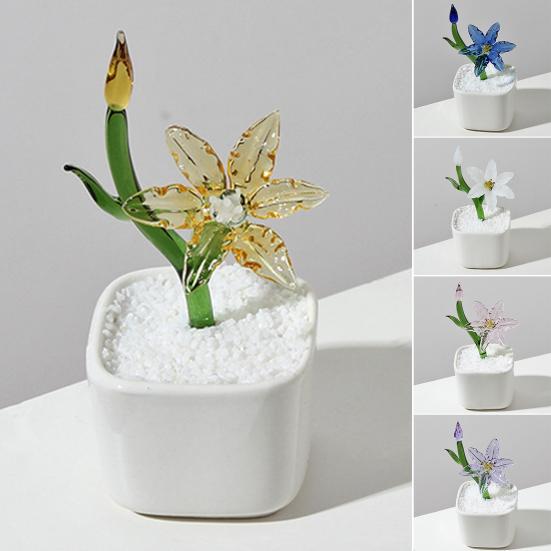 Mini Glass Potted Flower Figurine Hand Blown Faux Crystal Artificial Lily Flower Collectible Ornament for Women Mom Wedding Home Table