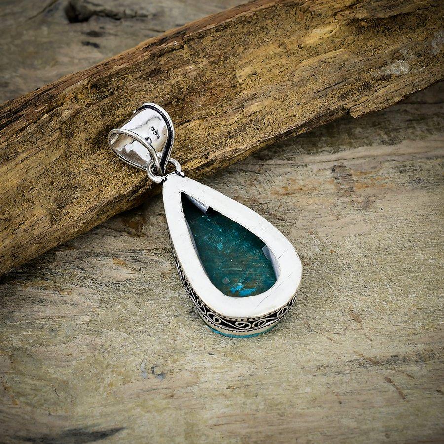 Tibetan Turquoise Gemstone 925 Sterling Silver Jewelry Pendant 2.09" M-36
