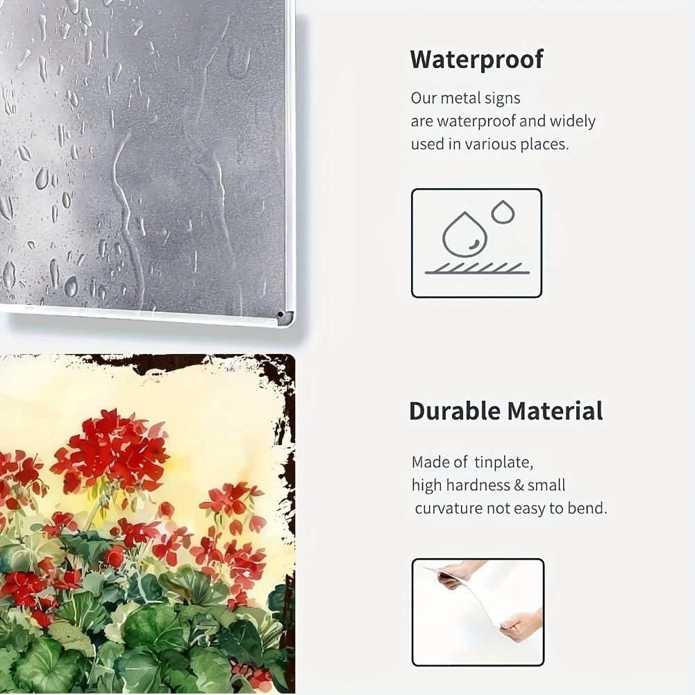 2D Flat, 1 Hand-Painted Iron Wall Decor - Vibrant Red Geraniums and Green Vines in a Rustic Tin Pot, 20x30cm/8x12in