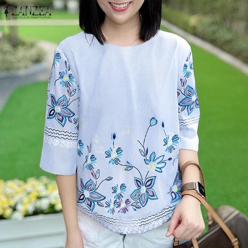 ZANZEA Women Casual Round Neck 3/4 Sleeve Floral Print Stripe Blouse