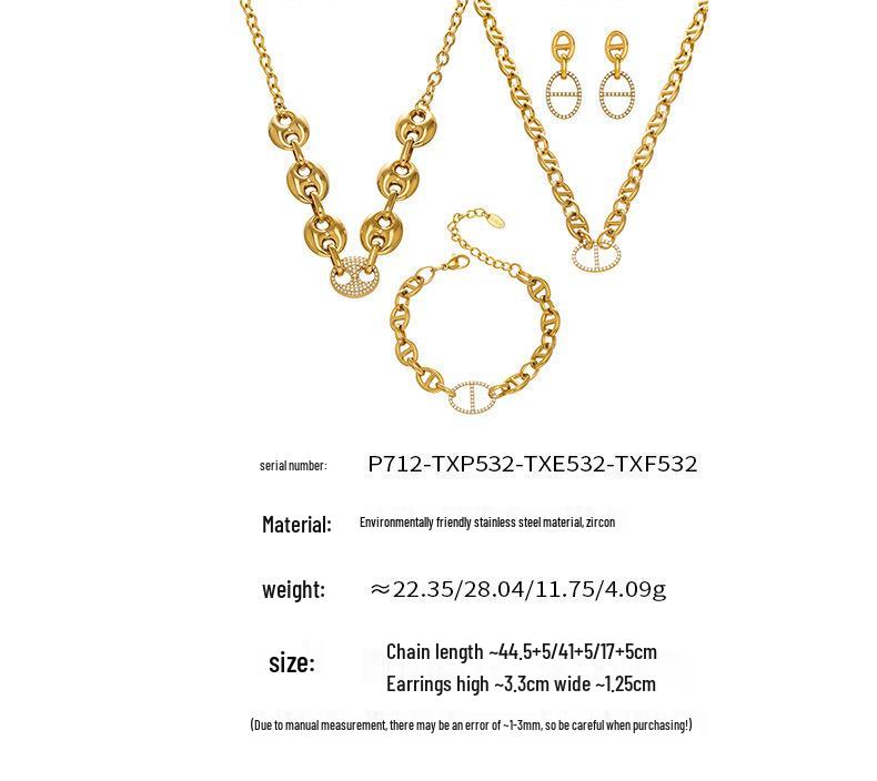 Stainless Steel Pig Nose Zircon-Inlaid Jewelry Set: Necklace, Bracelet, Earrings