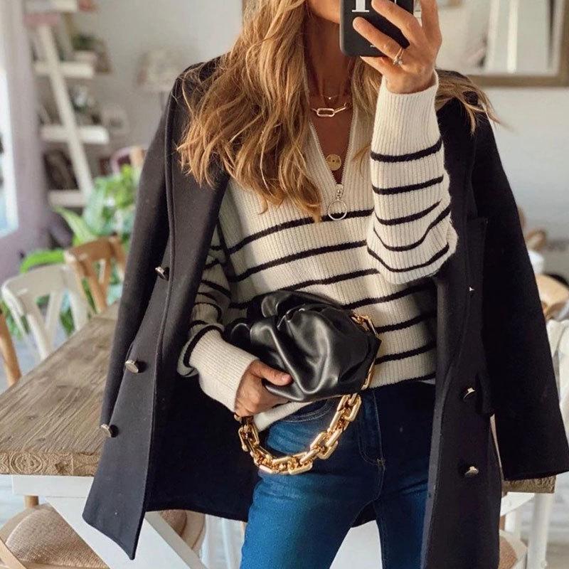 Women's High Neck Sweater: Autumn/Winter Striped Color Block Long Sleeve Zipper Pullover Knitwear
