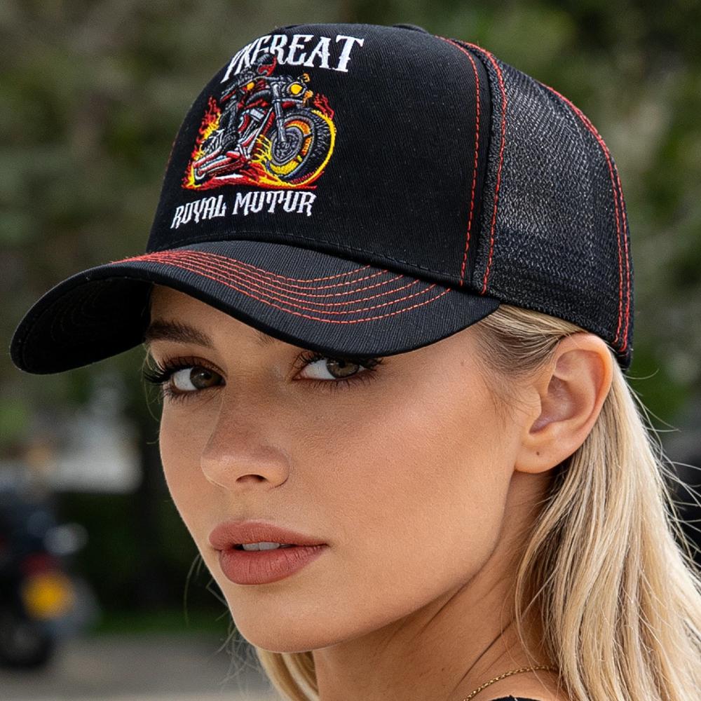 New Motorcycle Embroidered Trucker Hat Flame Biker Patch Baseball Cap For Man Woman Breathable Streetwear Summer Mesh Caps