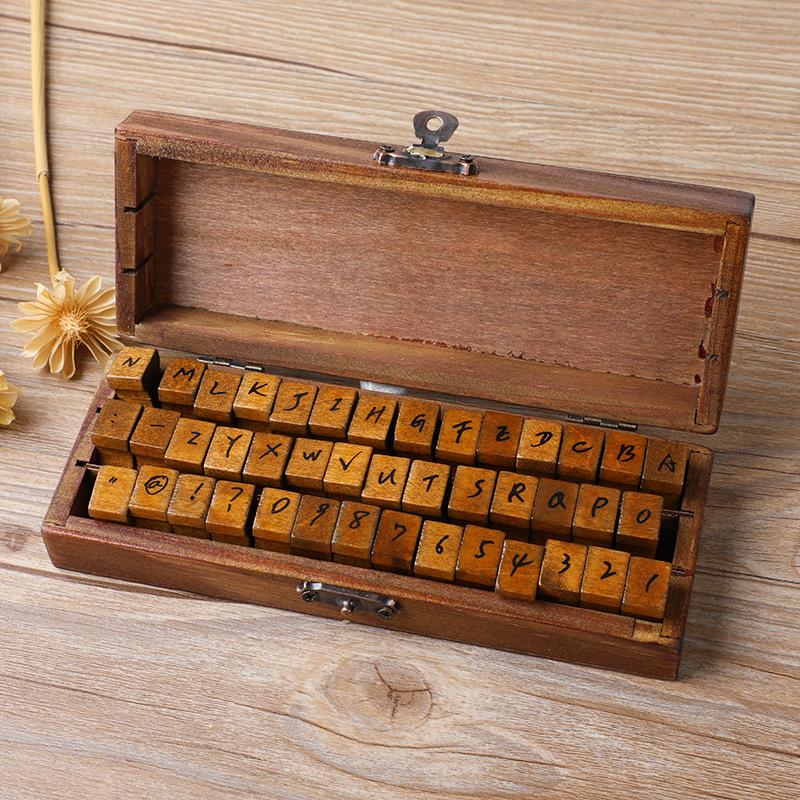 Retro English Letter & Number Decorative Stamp Set In Wooden Box, 30/42/70 Pieces