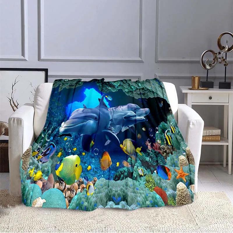 Ocean Dolphin Pattern Blanket Sofa Blankets for Beds Super Soft Warm Blanket Cover Flannel Throw Blanket Lightweight King Size