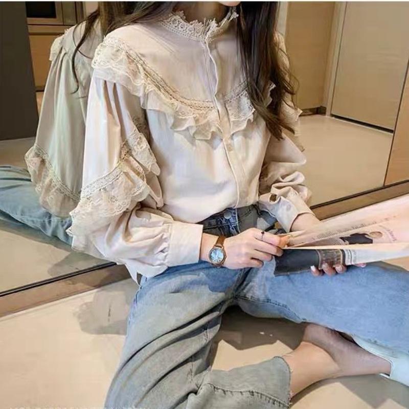 Lolita Style Höst Vår Dam Skjorta Volang Krage Aprikos Elegant Spets Splicing Kvinnlig Söt Topp Kawaii Lyktärm Blus