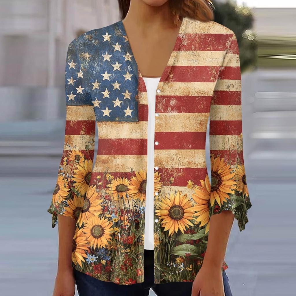 Women's Loose Casual Independence Day Printed Seven Sleeve Button Down Shirt Cardigan Top