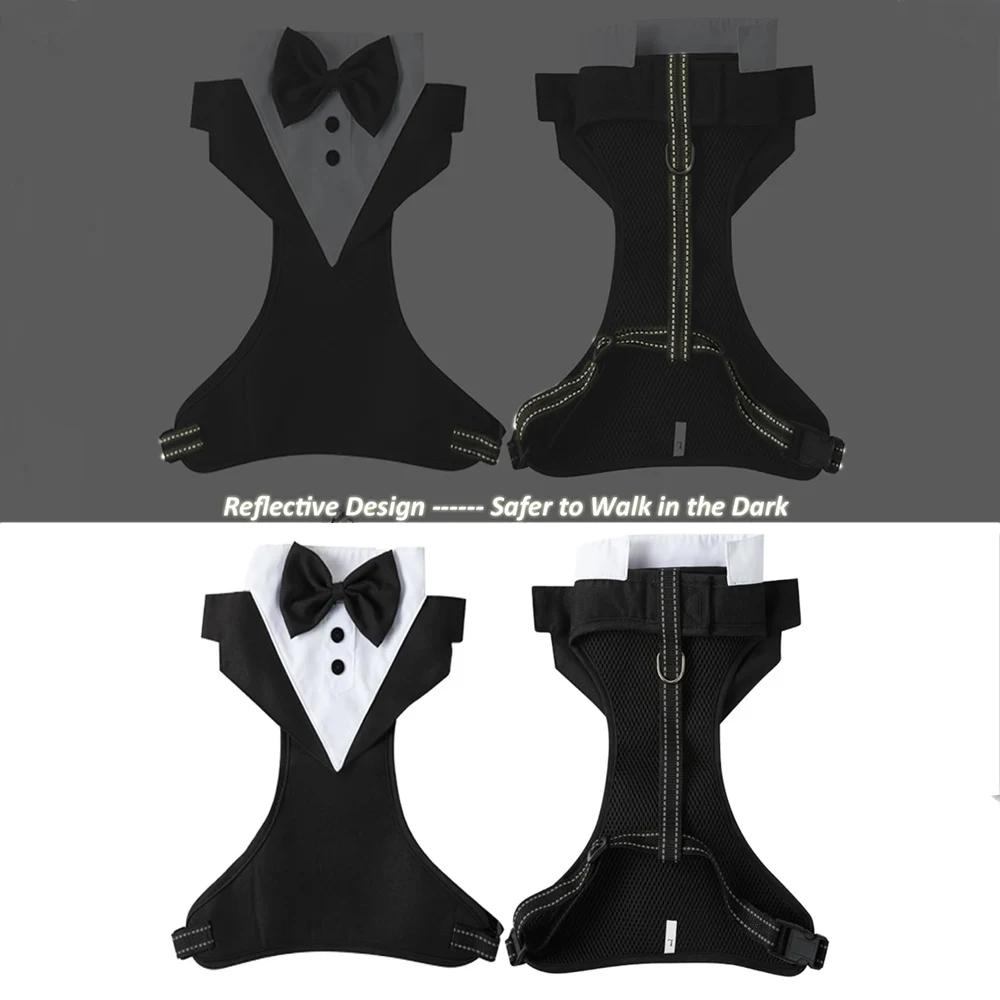 Dog Tuxedo Vest with Bow Tie, Formal Wedding Harness Outfit for Small Dogs, Puppy Party Suit Costume with Chest Strap
