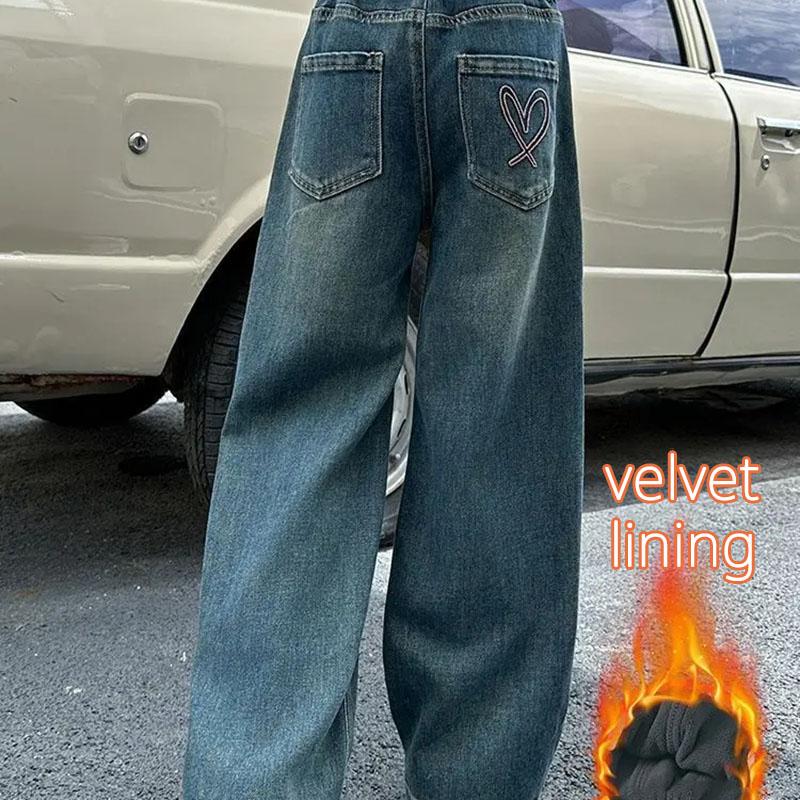 Pocket Heart Embroidery Child Winter Insulated Jeans for Girls Kids Warm Pants Trousers With Fleece Lined Thick Jeans For Teens